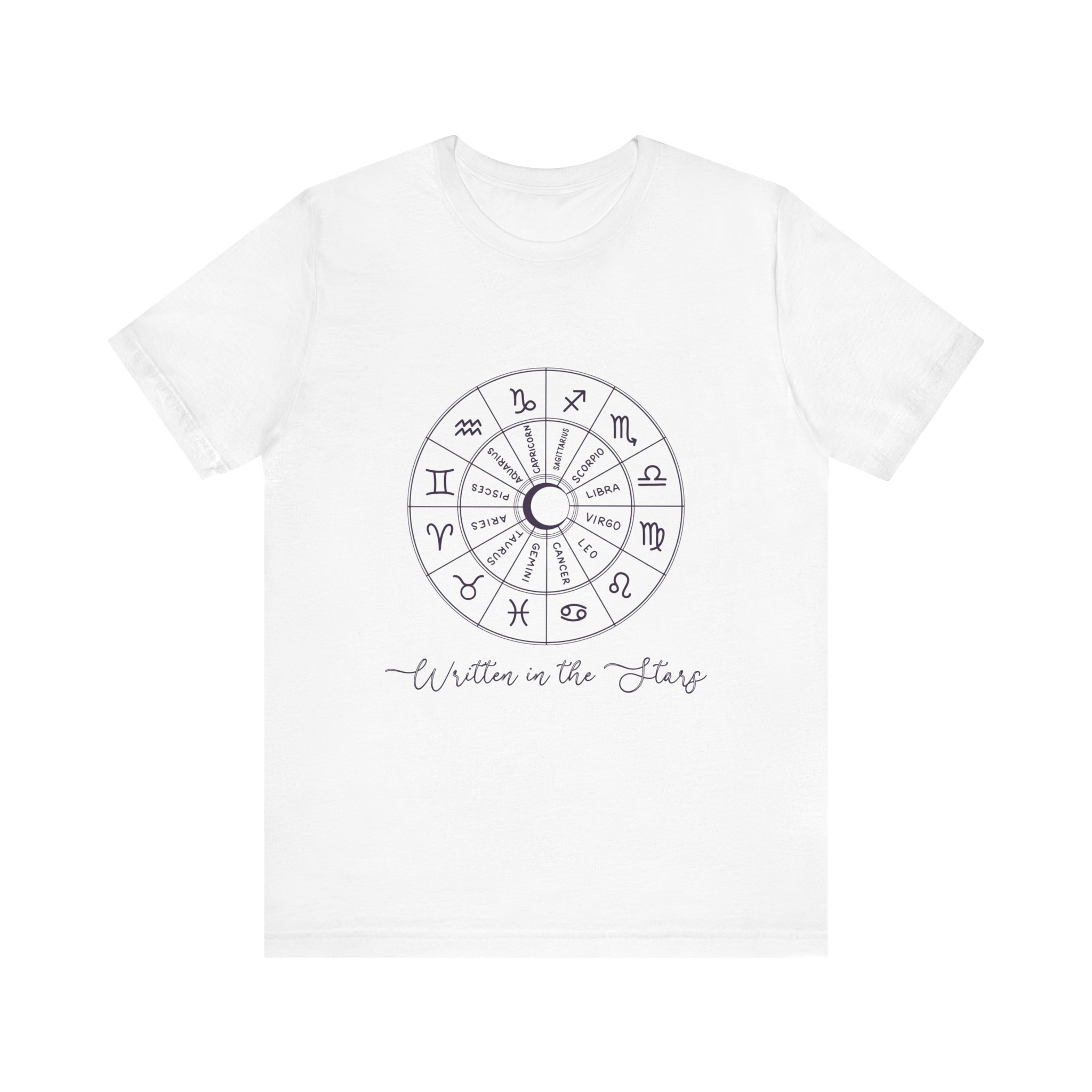 Minimalist Zodiac Circle T-Shirt with quote "Written in the Stars" - Unisex White Tee for Astrology Lovers