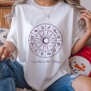 Minimalist Zodiac Circle T-Shirt with quote "Written in the Stars" - Unisex White Tee for Astrology Lovers